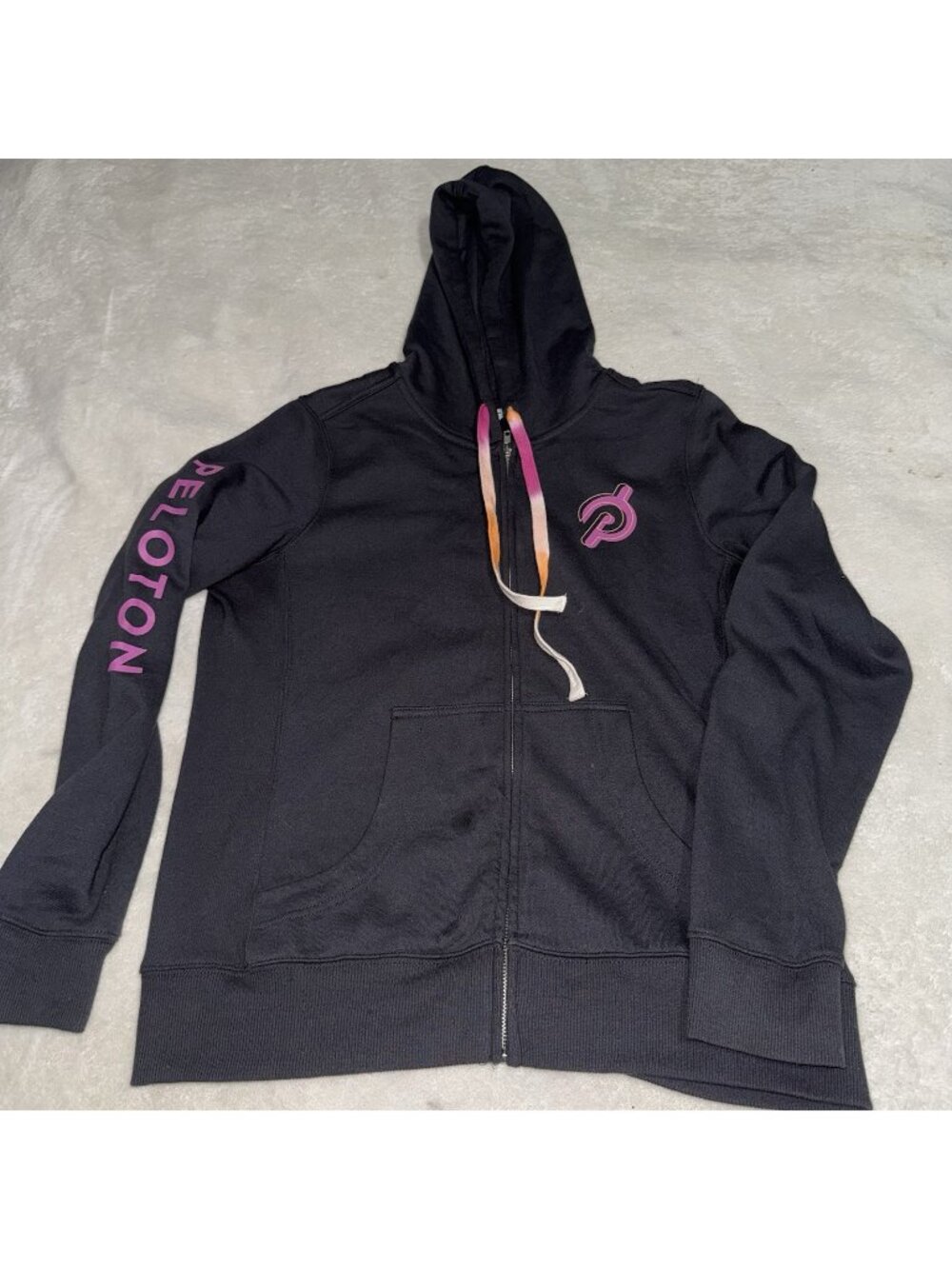 Peloton Womens L Gray Full Zip Hoodie Sweatshirt Logo Graphic Pink Orange